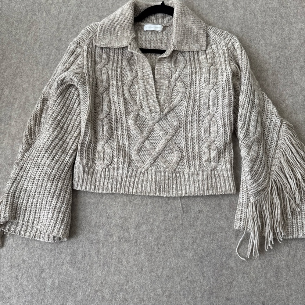 Jonathan Simkhai Kara Mouline Cable Knit Fringe Polo Sweater Beige - Picture 3 of 11